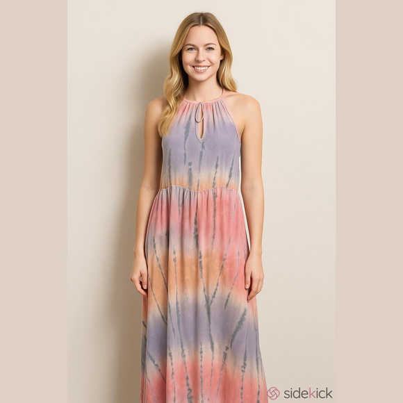 Tie Dye‎ Halter Maxi Dress Sleeveless Keyhole Casual Long Dress - Picture 1 of 6